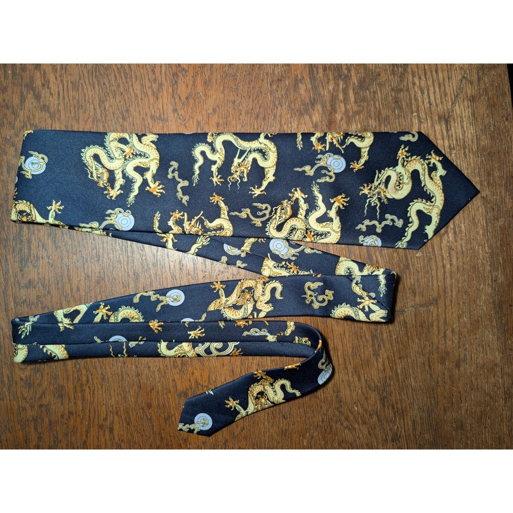 Kailong Necktie Mens OS Navy Gold Excellent 100% Silk Hand Made Dragon Print Tie